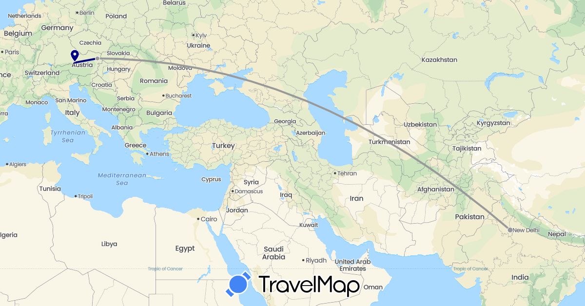 TravelMap itinerary: driving, plane in Austria, India (Asia, Europe)